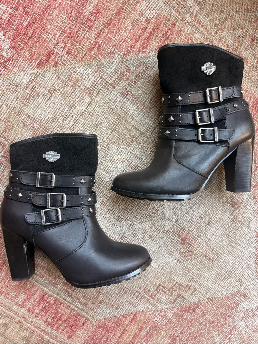 Harley-Davidson Black Leather & Suede Studded Buckle Heeled Ankle Boots